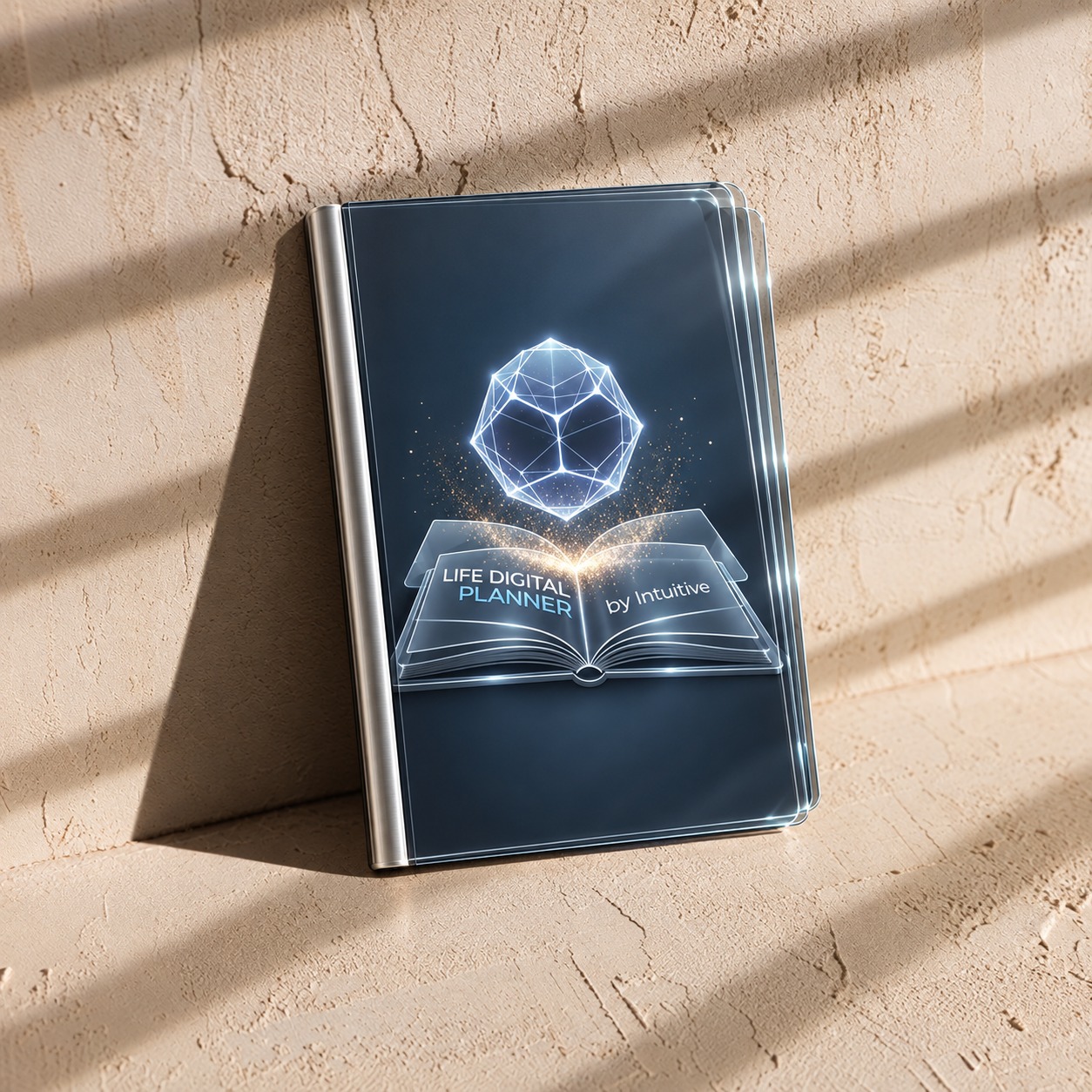Concept rendering of the Life Digital Planner device: five layered glass pages on a silver spine showing the Life Digital Planner by Intuitive logo